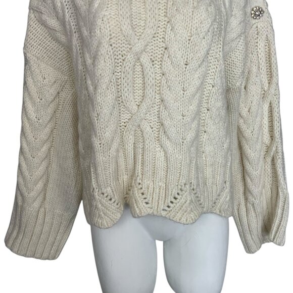 Zara Cable Knit Rhinestone Sweater M Ecru Mock Neck Oversized - Picture 11 of 14